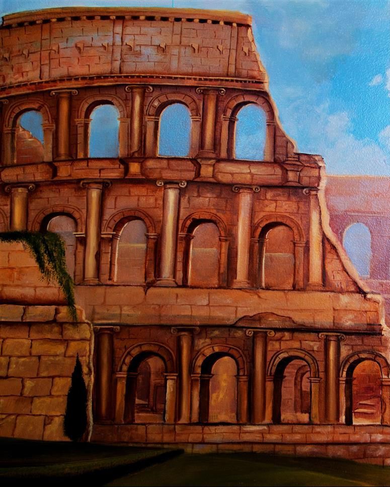 A painting of the colosseum with arches and columns