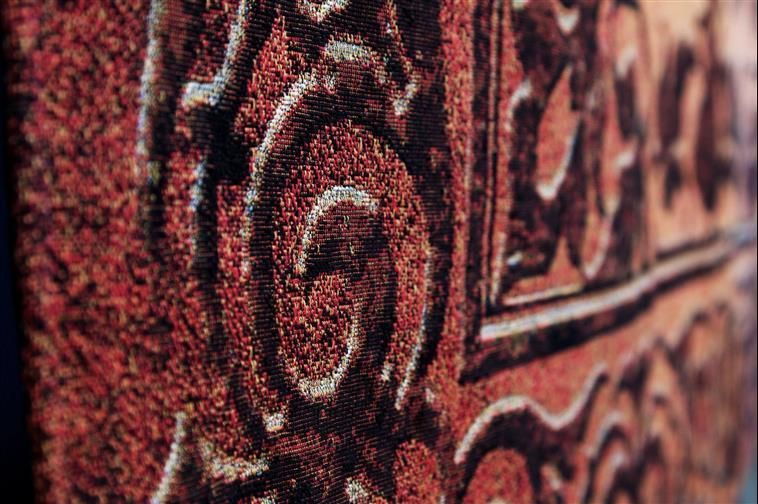 A close up of a red carpet with a pattern on it.