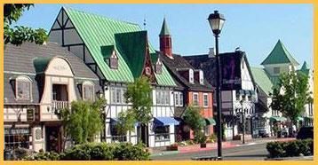 A row of houses with green roofs in a small town