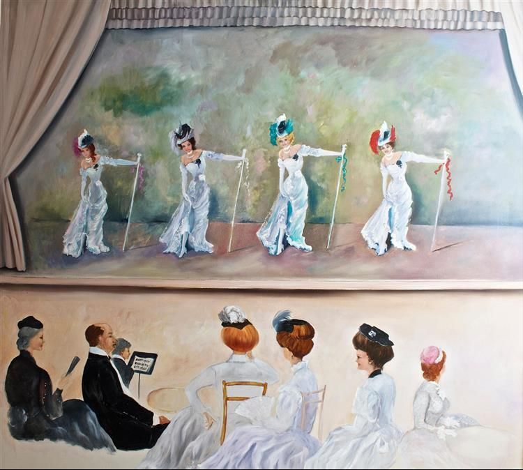 A painting of a group of people sitting in front of a stage