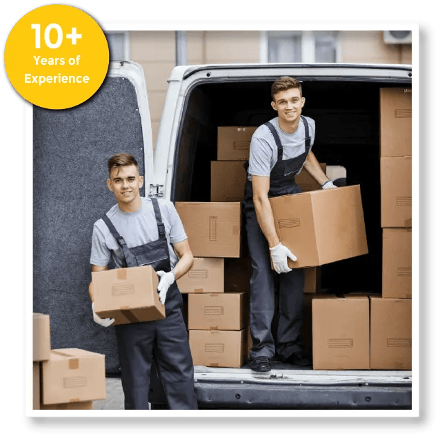 Two men are loading boxes into a van with 10+ years of experience