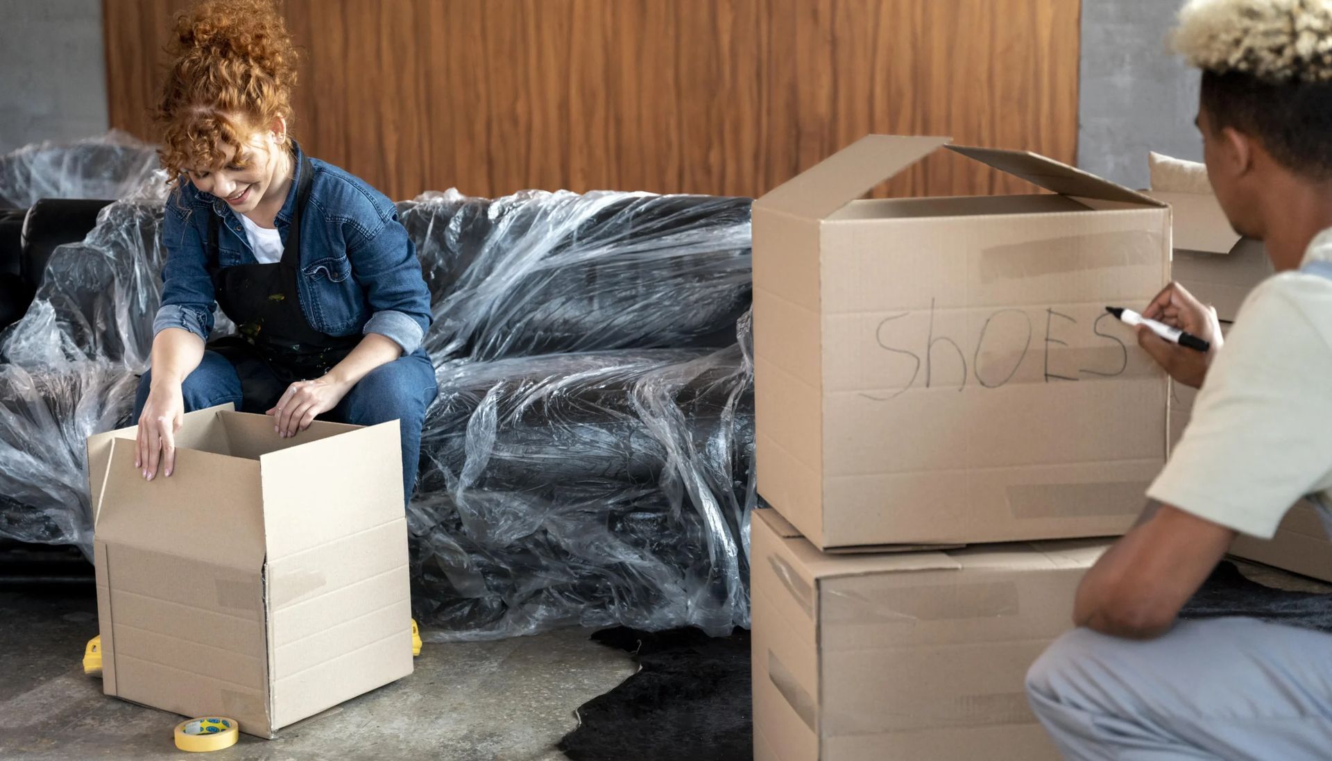 A man and a woman are packing boxes in a living room.