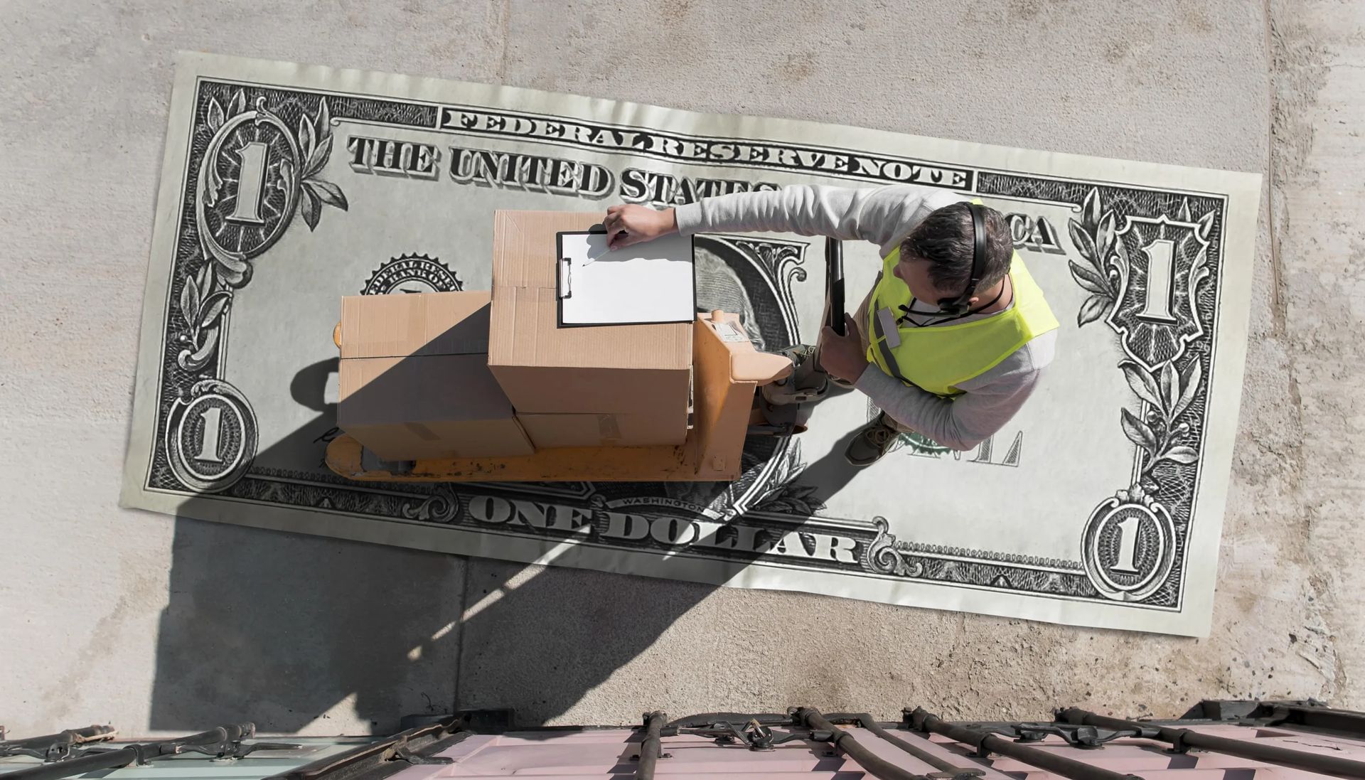 A man is sitting on a dollar bill holding a box