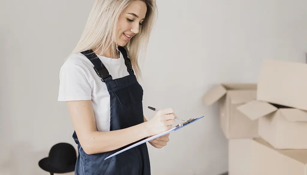 A woman is holding a clipboard and writing on it.