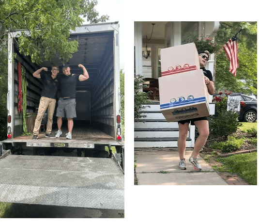 A man and a woman are standing in front of a moving truck.