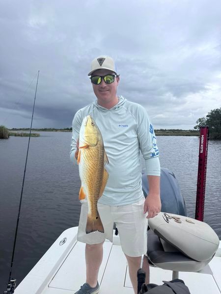 A man is standing on a boat holding a large fish.