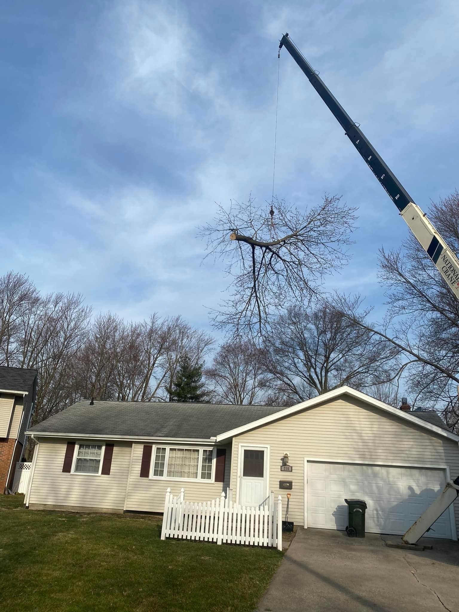 A crane is cutting a tree in front of a house.