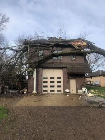 A large tree has fallen on top of a house.