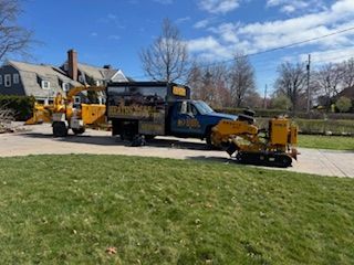 A truck with a stump grinder attached to it is parked in a driveway.
