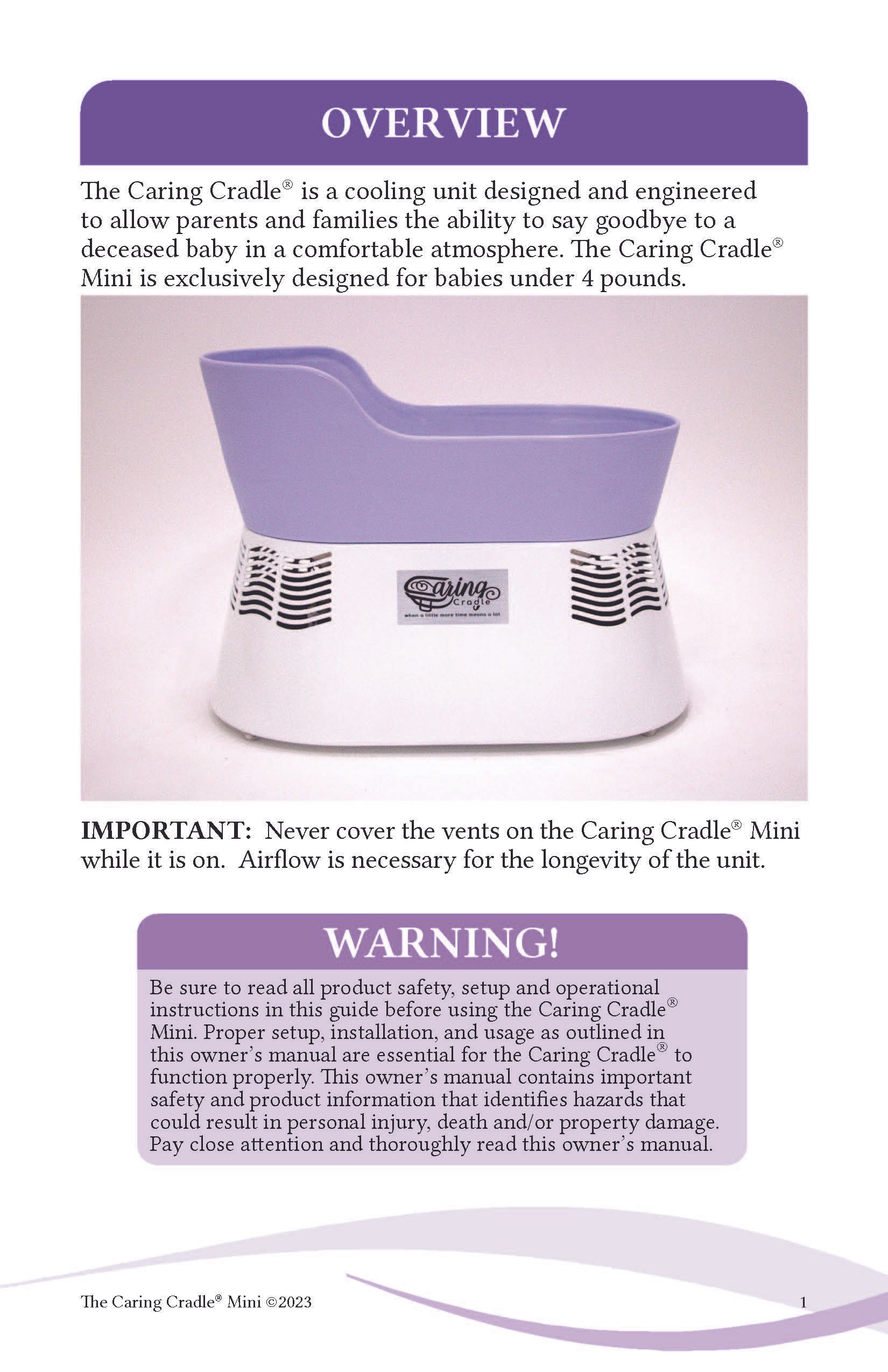 A purple and white potty with a warning on it.