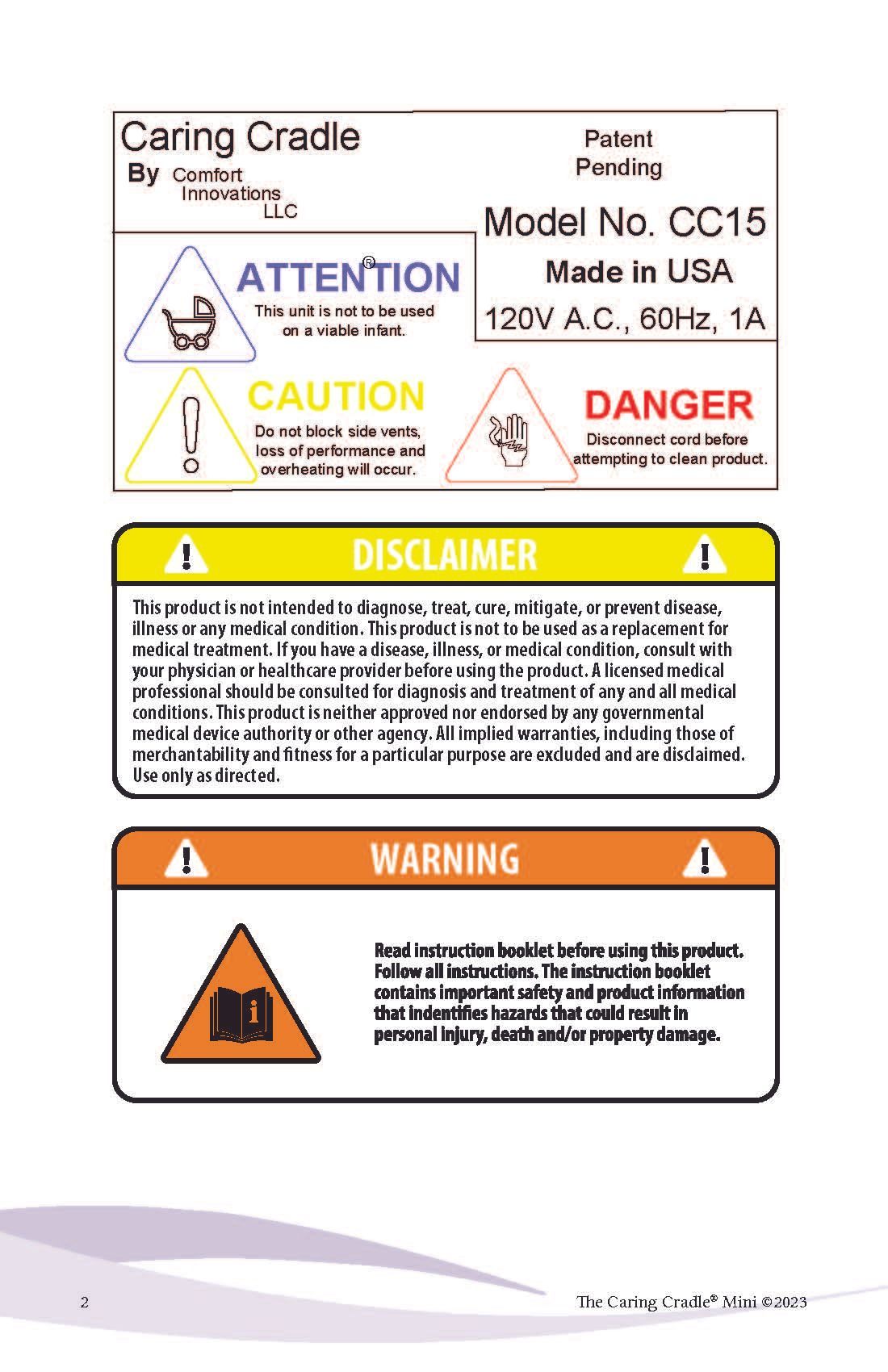 A warning label for a caring cradle is on a white background.