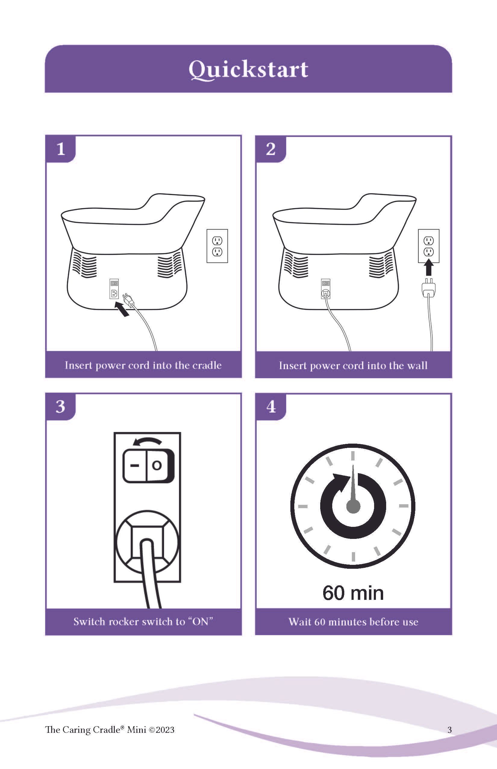 A quickstart guide for a vacuum cleaner shows how to use it.