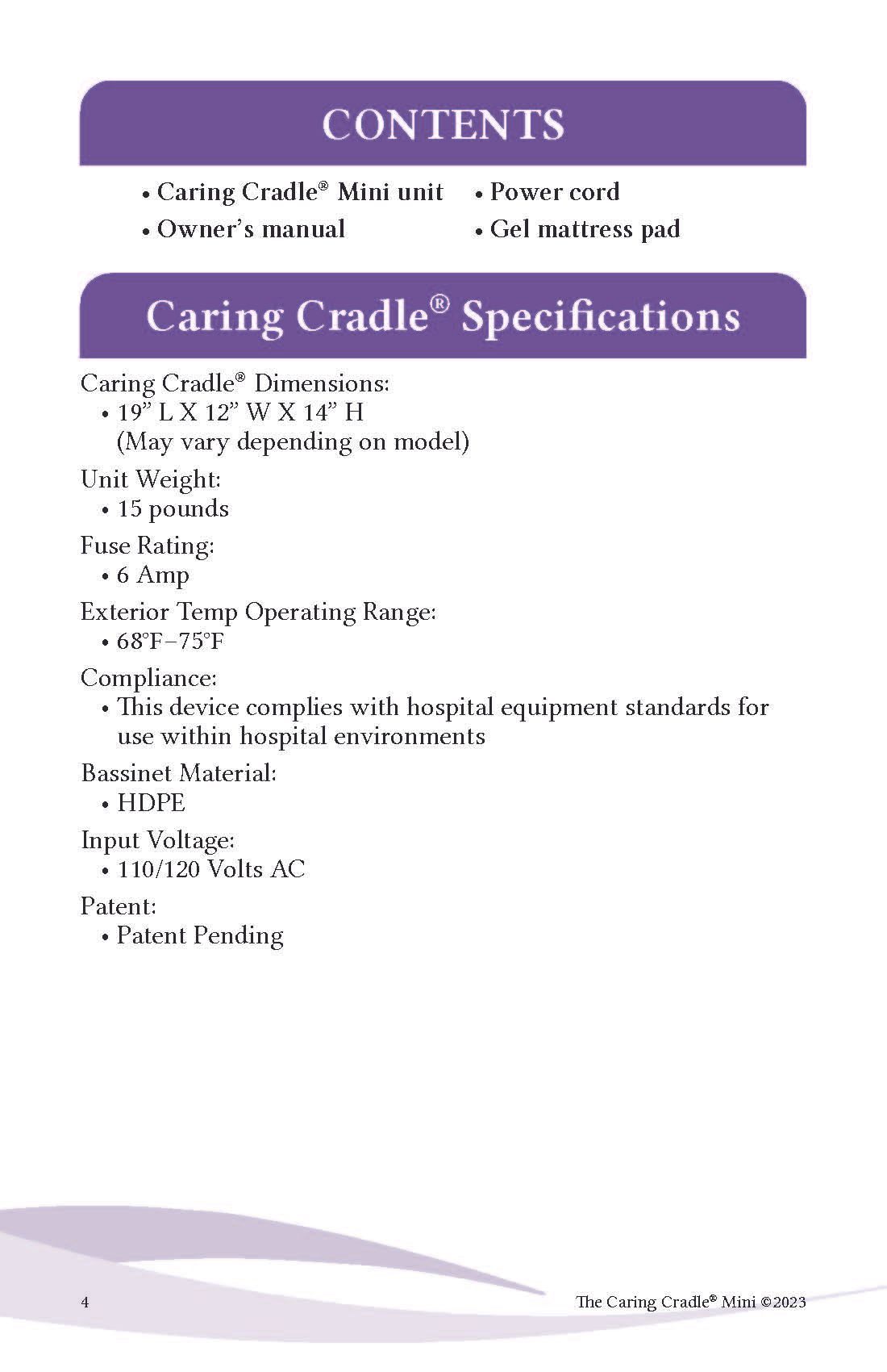 The contents of a caring cradle specifications manual.