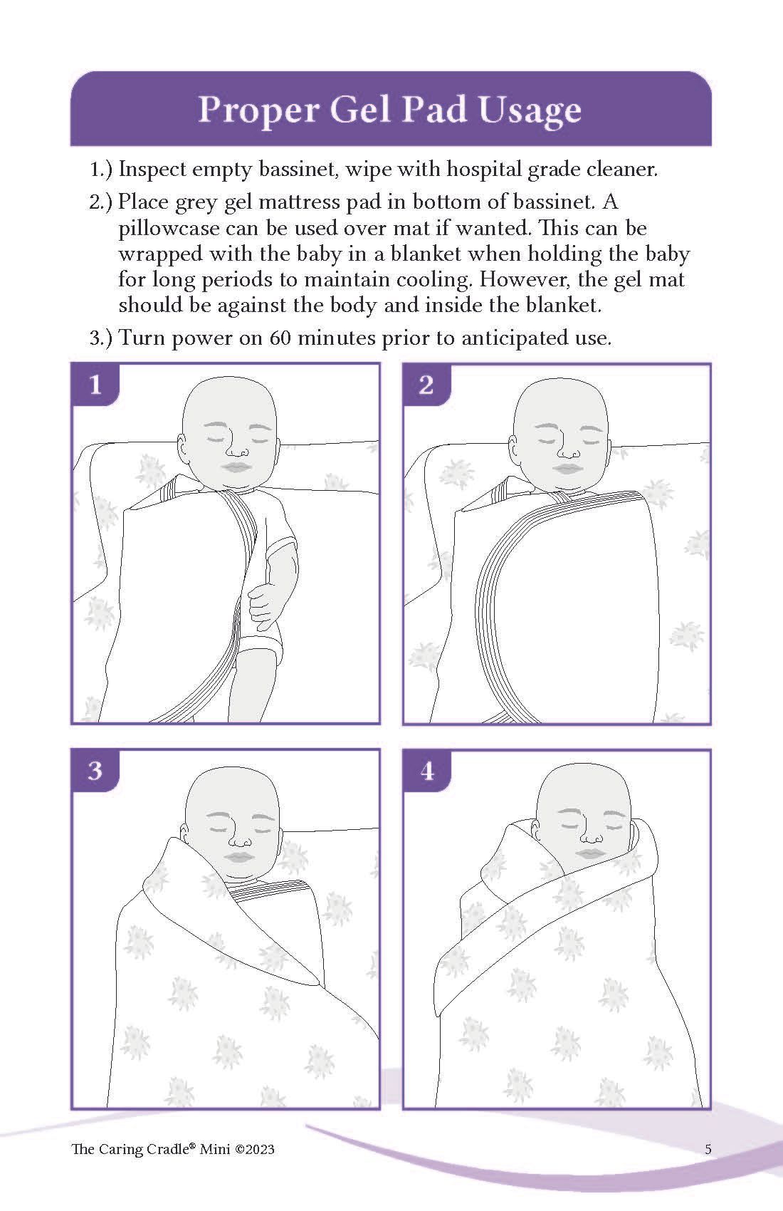 A picture of a baby wrapped in a blanket with instructions on how to use a gel pad.