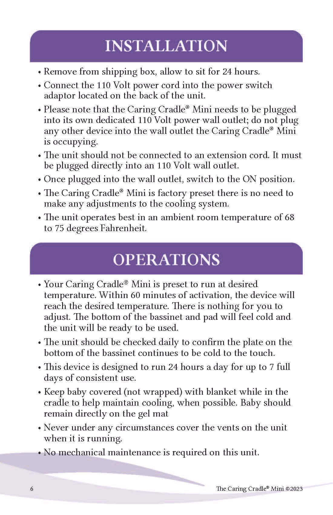 A purple and white page with instructions for installation and operations.