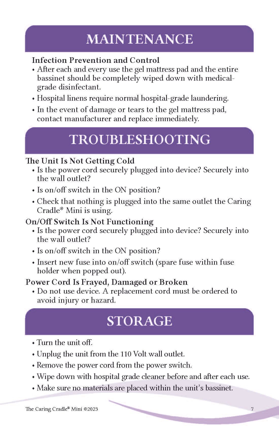 A purple and white brochure about maintenance , troubleshooting , and storage.