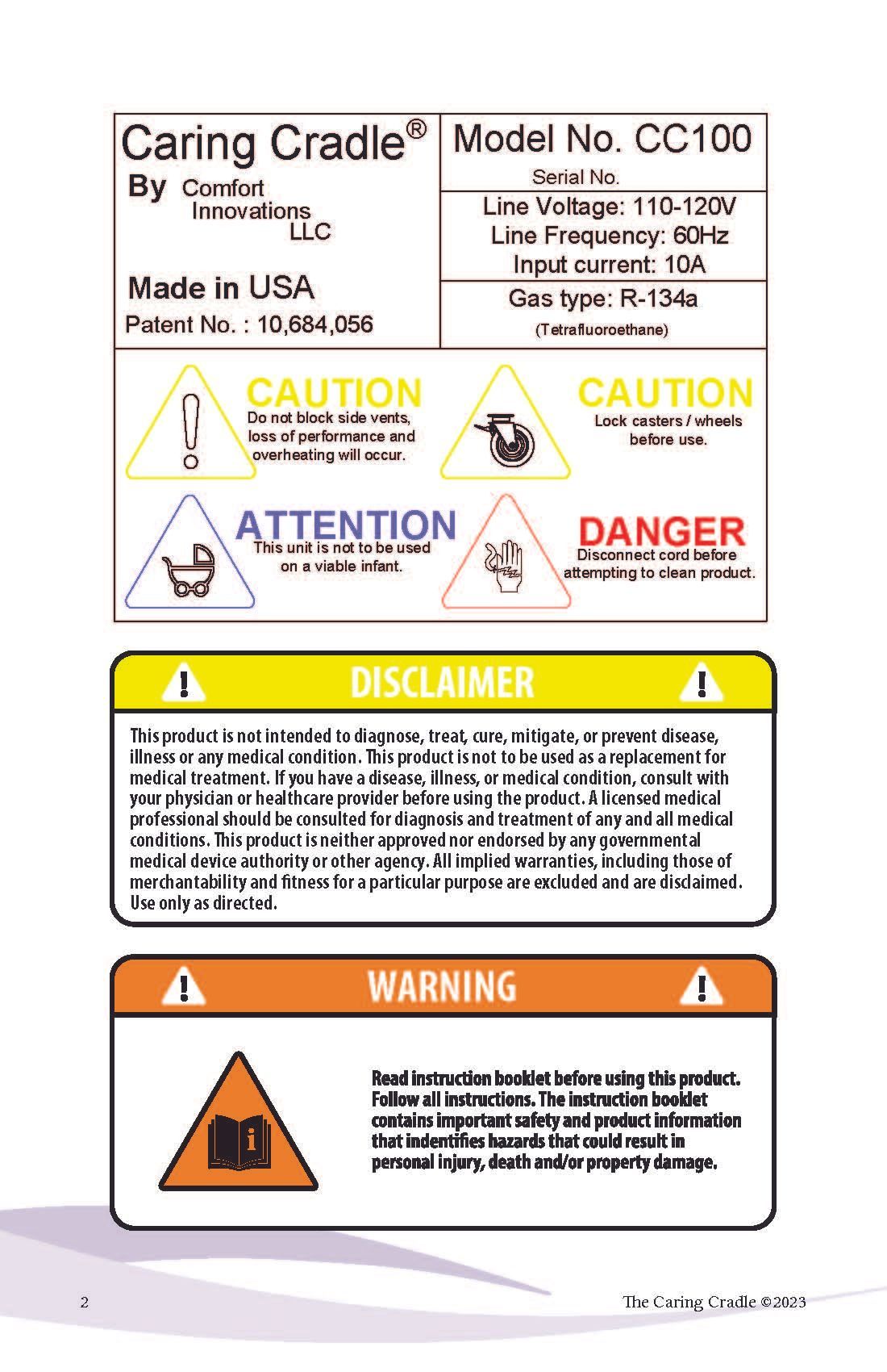 A pamphlet for a caring cradle with warnings and caution signs.