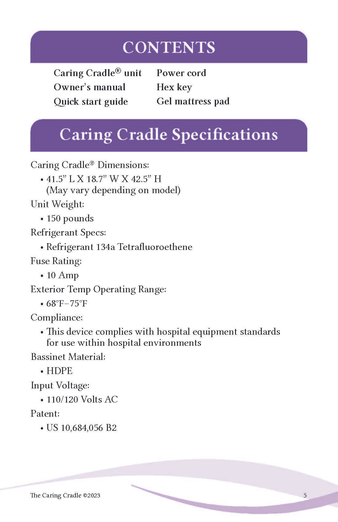 A purple and white brochure with contents and caring cradle specifications.