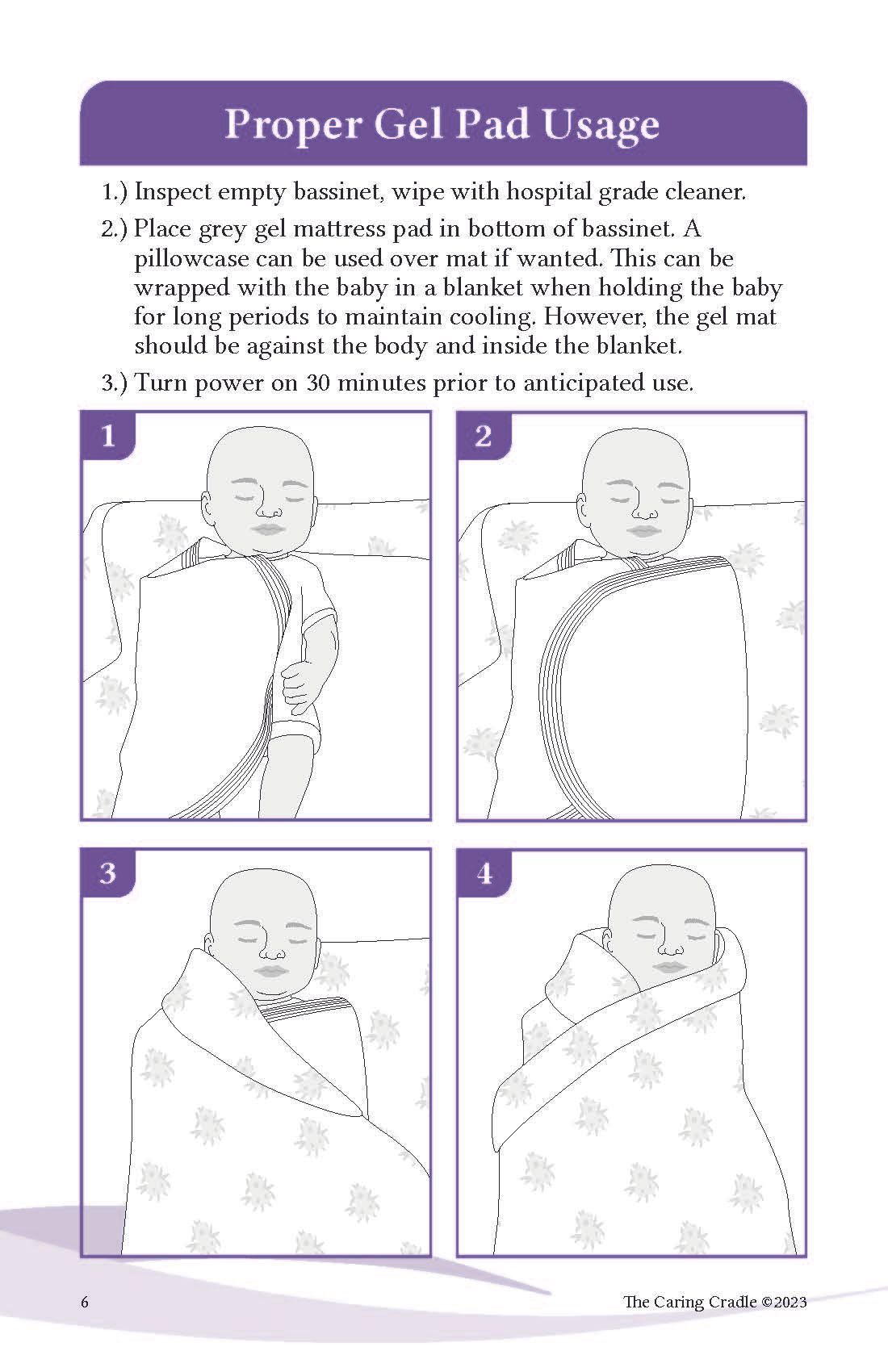 A picture of a baby wrapped in a blanket with instructions on how to use a gel pad.