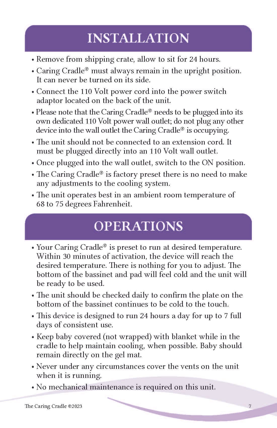 A purple and white brochure with instructions for installation and operations.