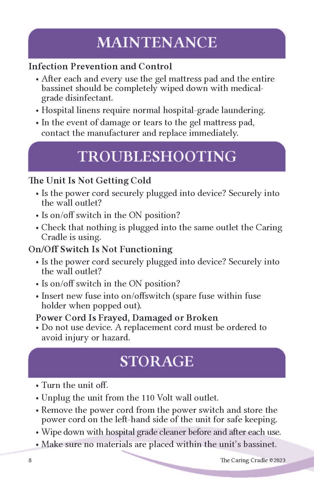 A purple and white poster with a list of maintenance , troubleshooting , and storage.