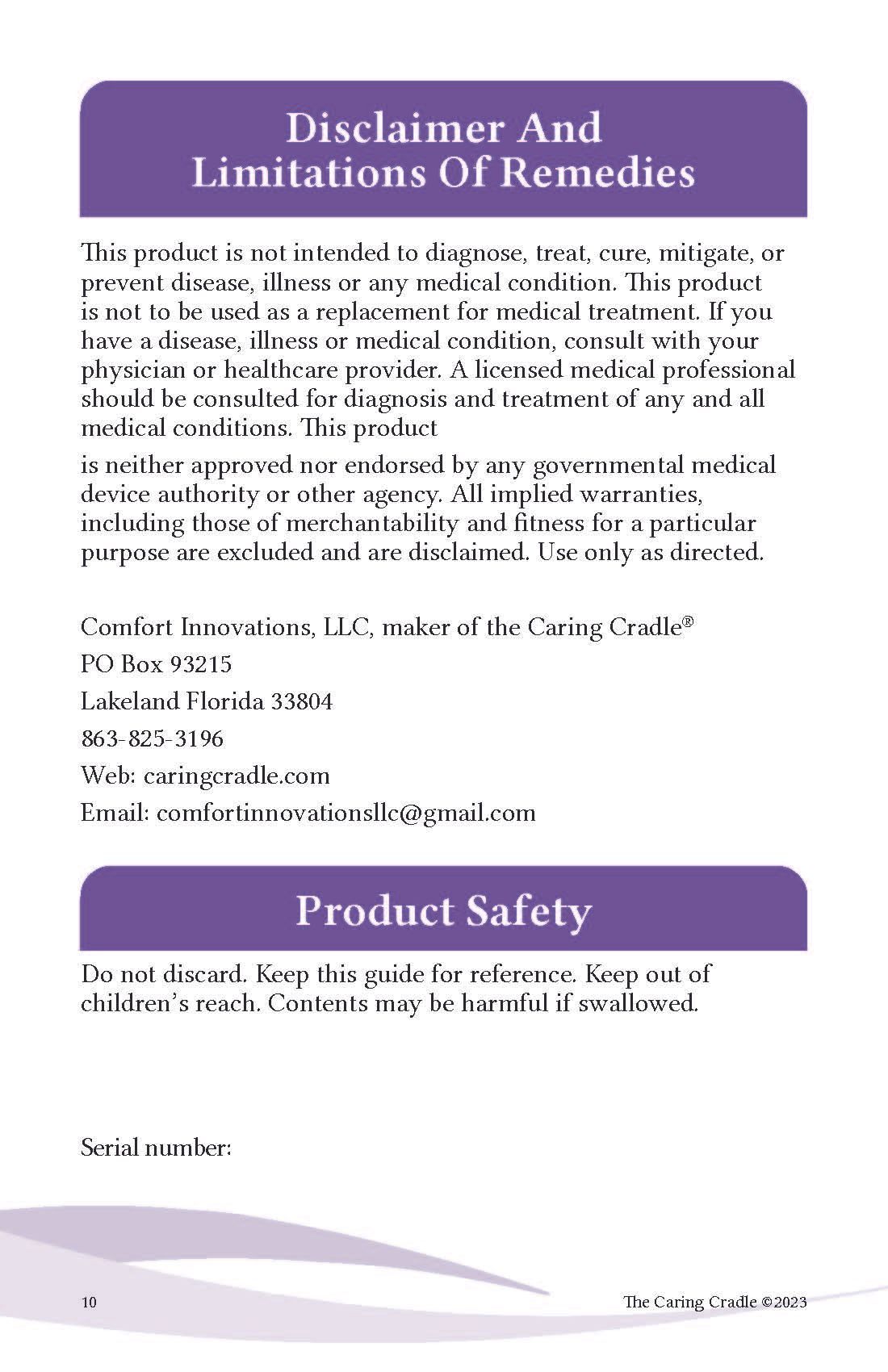 A purple and white brochure about disclaimer and limitations of remedies and product safety.