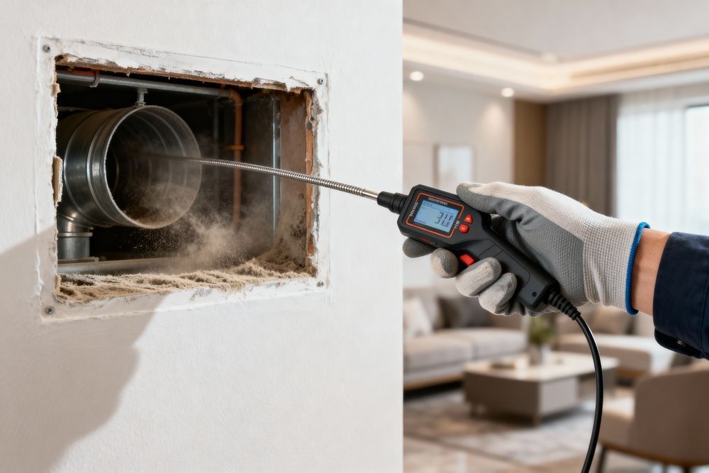 A technician using a handheld inspection camera to examine the dusty interior of a wall-mounted ventilation duct.