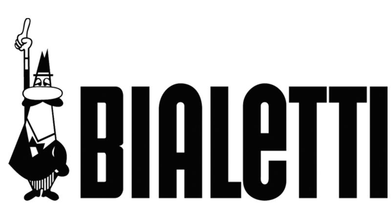 Un logo in bianco e nero per Bialetti con un personaggio dei cartoni animati che punta il dito verso l'alto.