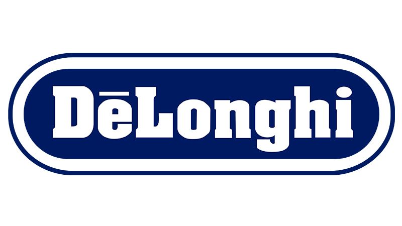 Un logo Delonghi blu e bianco su sfondo bianco.