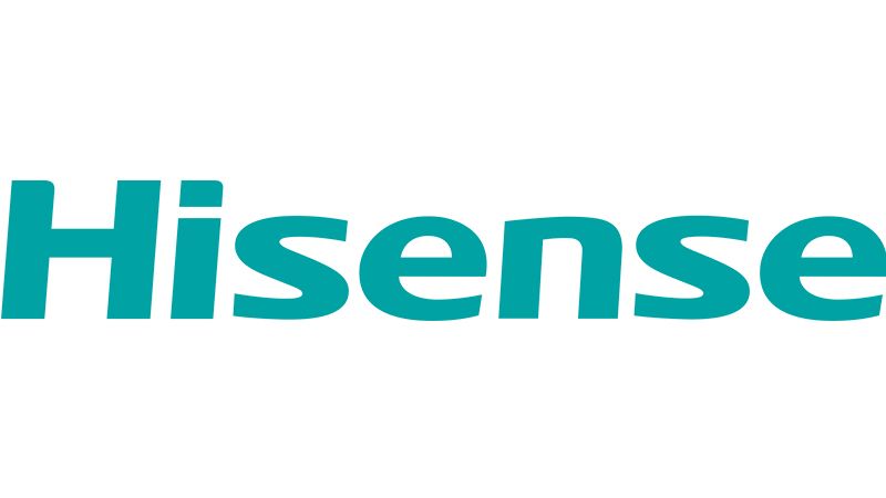 Il logo hisense è blu e bianco su sfondo bianco.