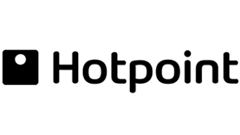 Un logo in bianco e nero per Hotpoint su uno sfondo bianco.