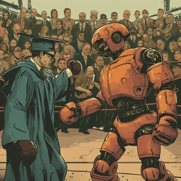 A man in a graduation cap and gown is boxing a robot