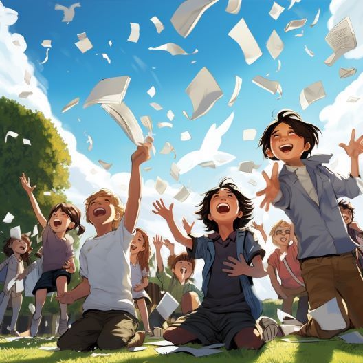 A group of children are throwing papers in the air