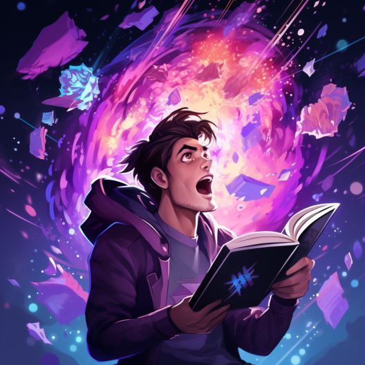A man is reading a book with a purple background