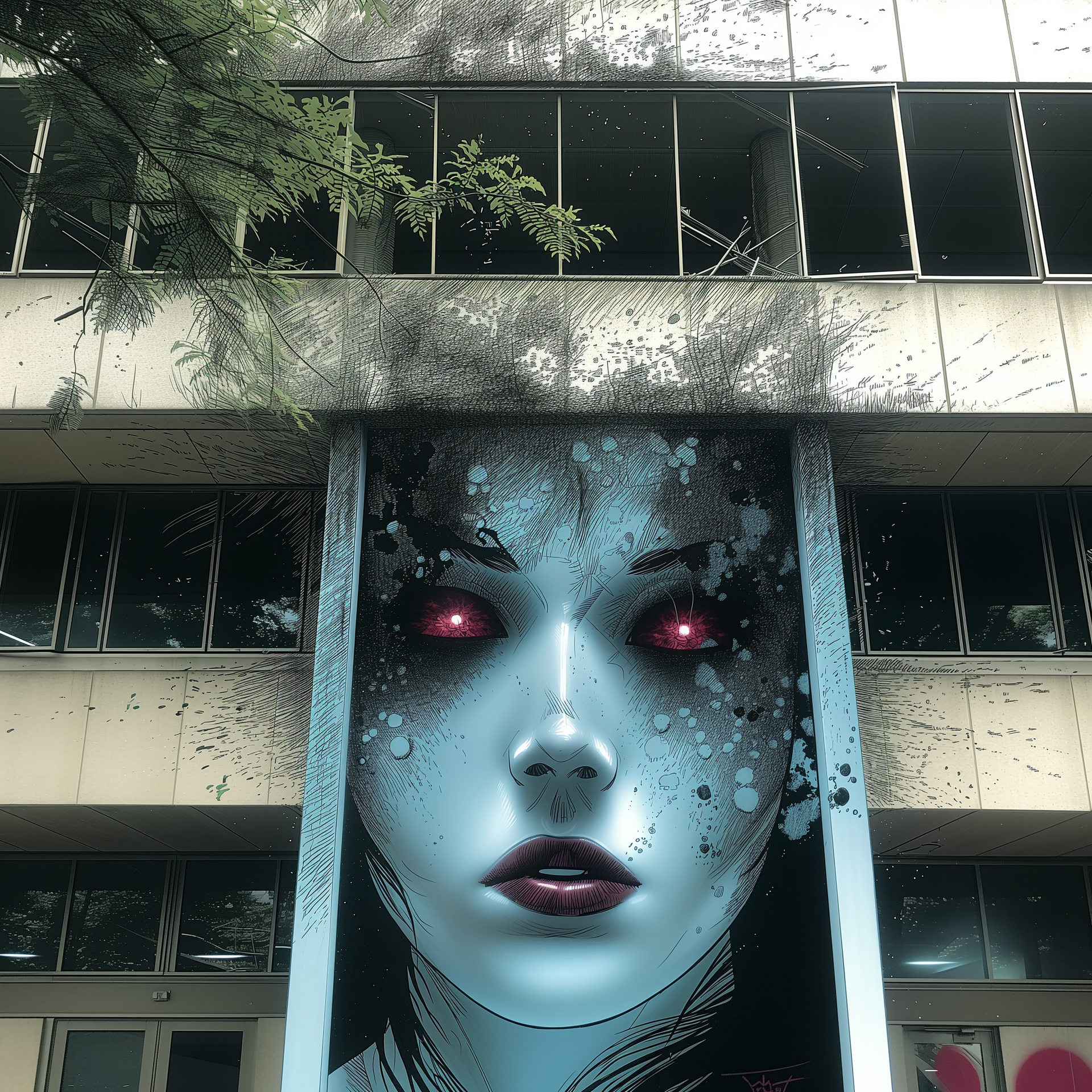 A painting of a woman 's face with red eyes