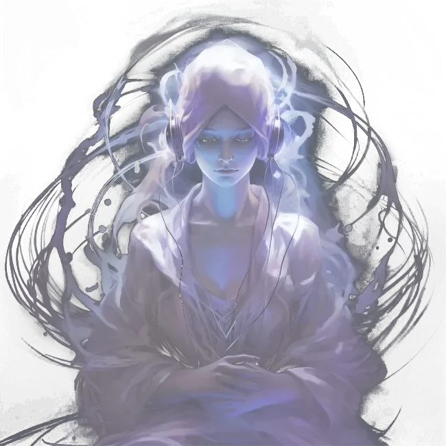 A painting of a woman with blue hair and a purple robe.