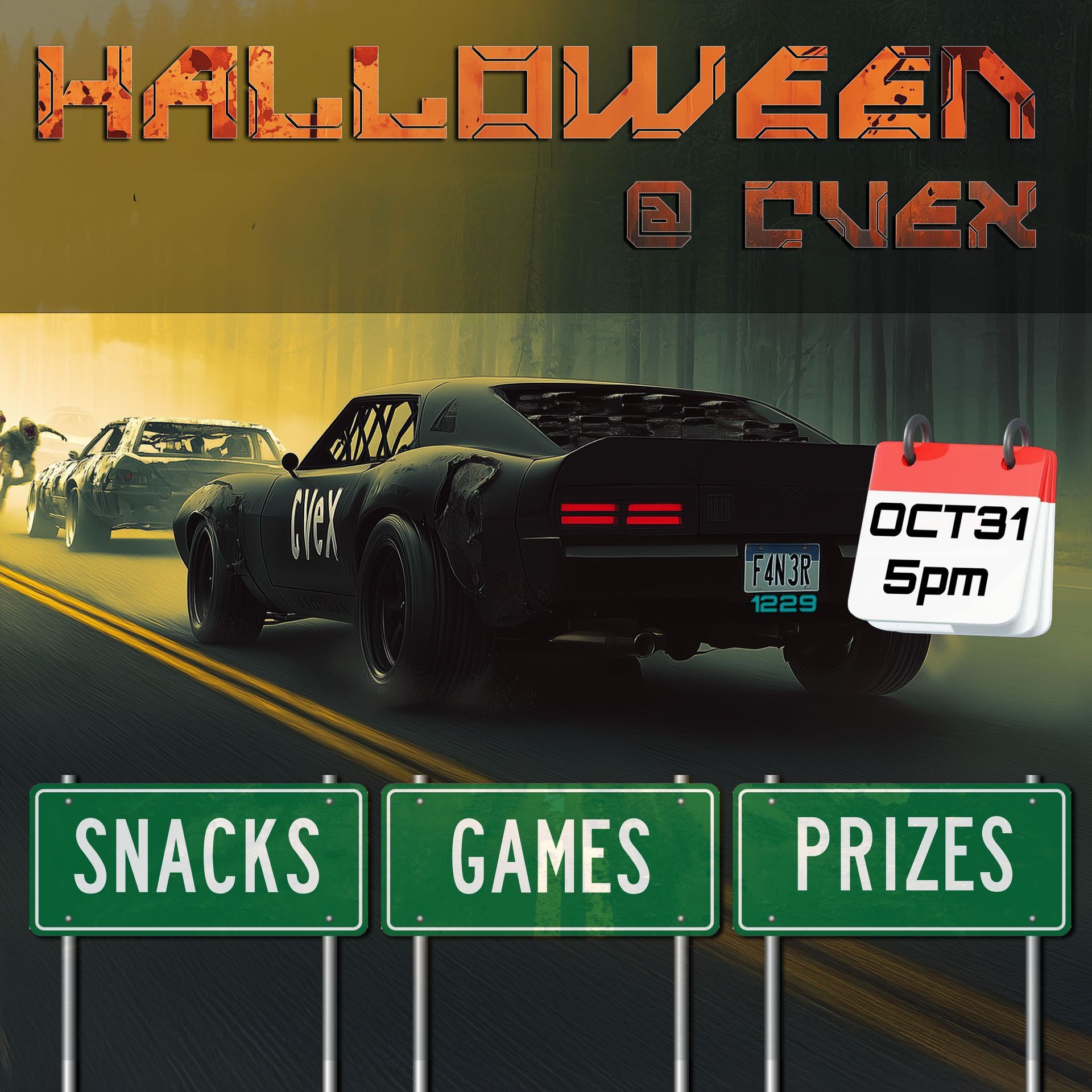 A poster for a halloween event with a car driving down the road