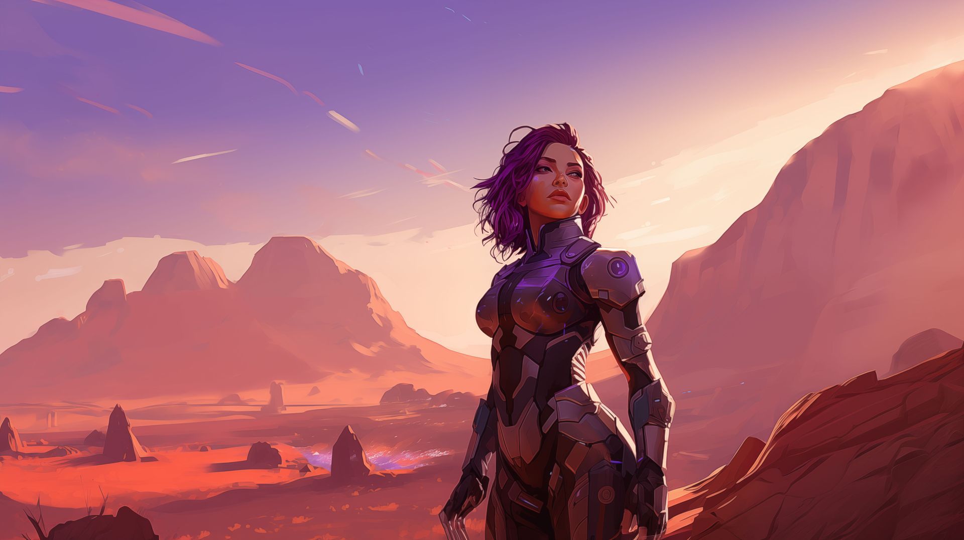 A woman in a futuristic suit is standing on top of a mountain.