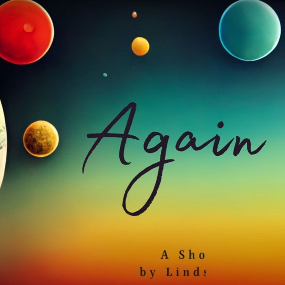 The word again is on a colorful background