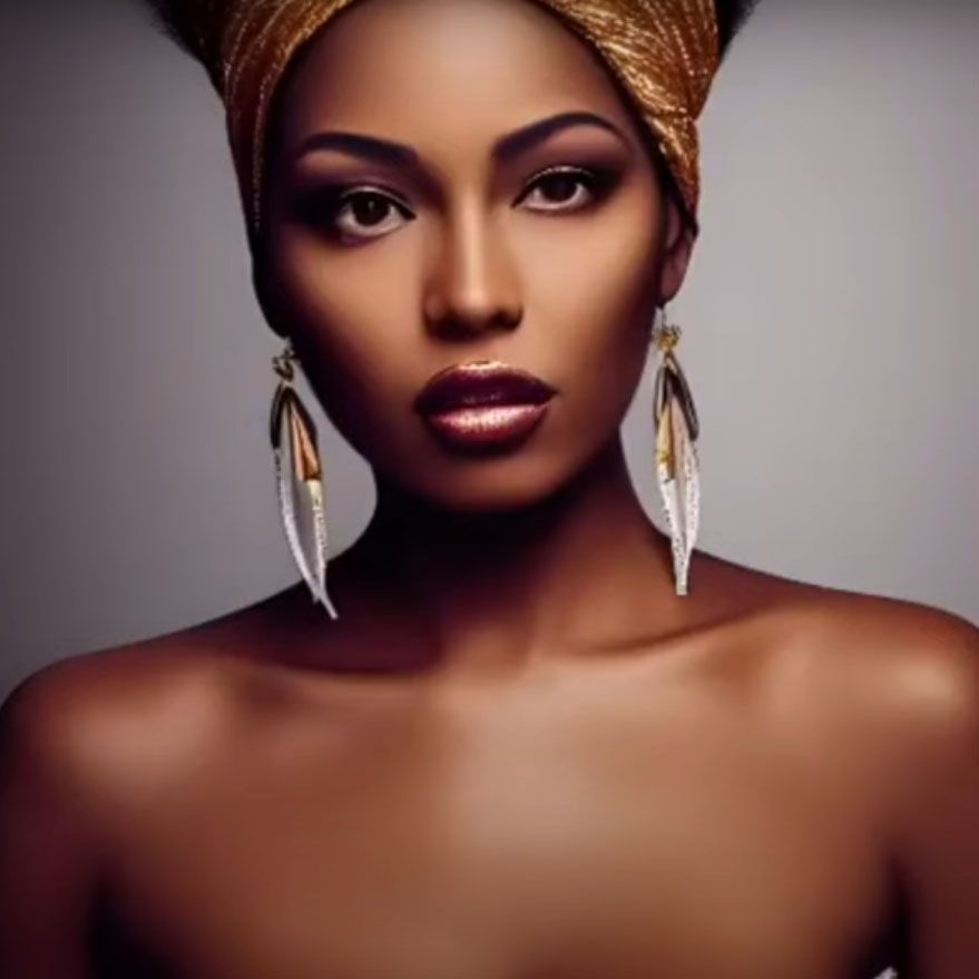 A woman wearing a turban and earrings looks at the camera