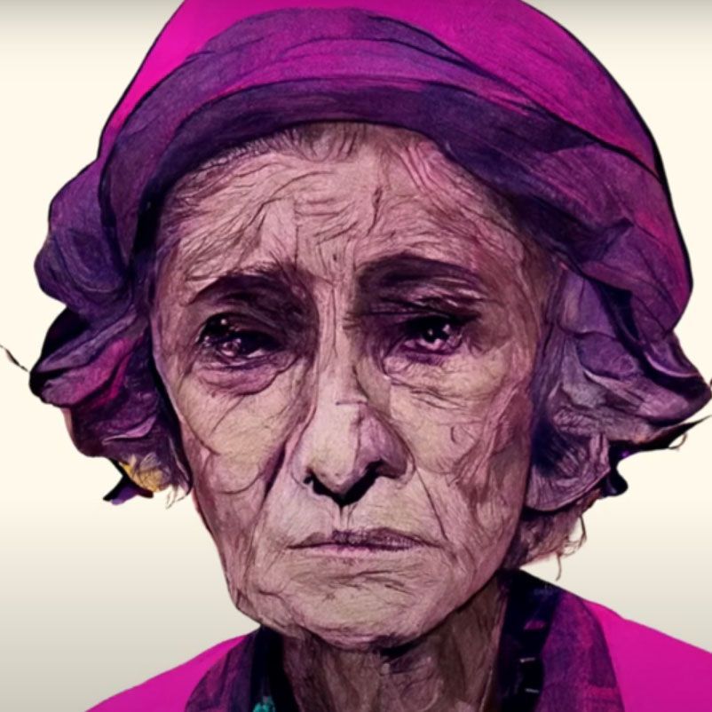 A painting of an elderly woman wearing a pink hat