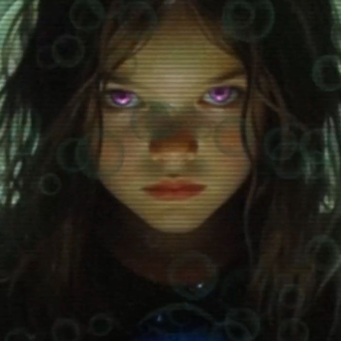 A girl with purple eyes is looking at the camera