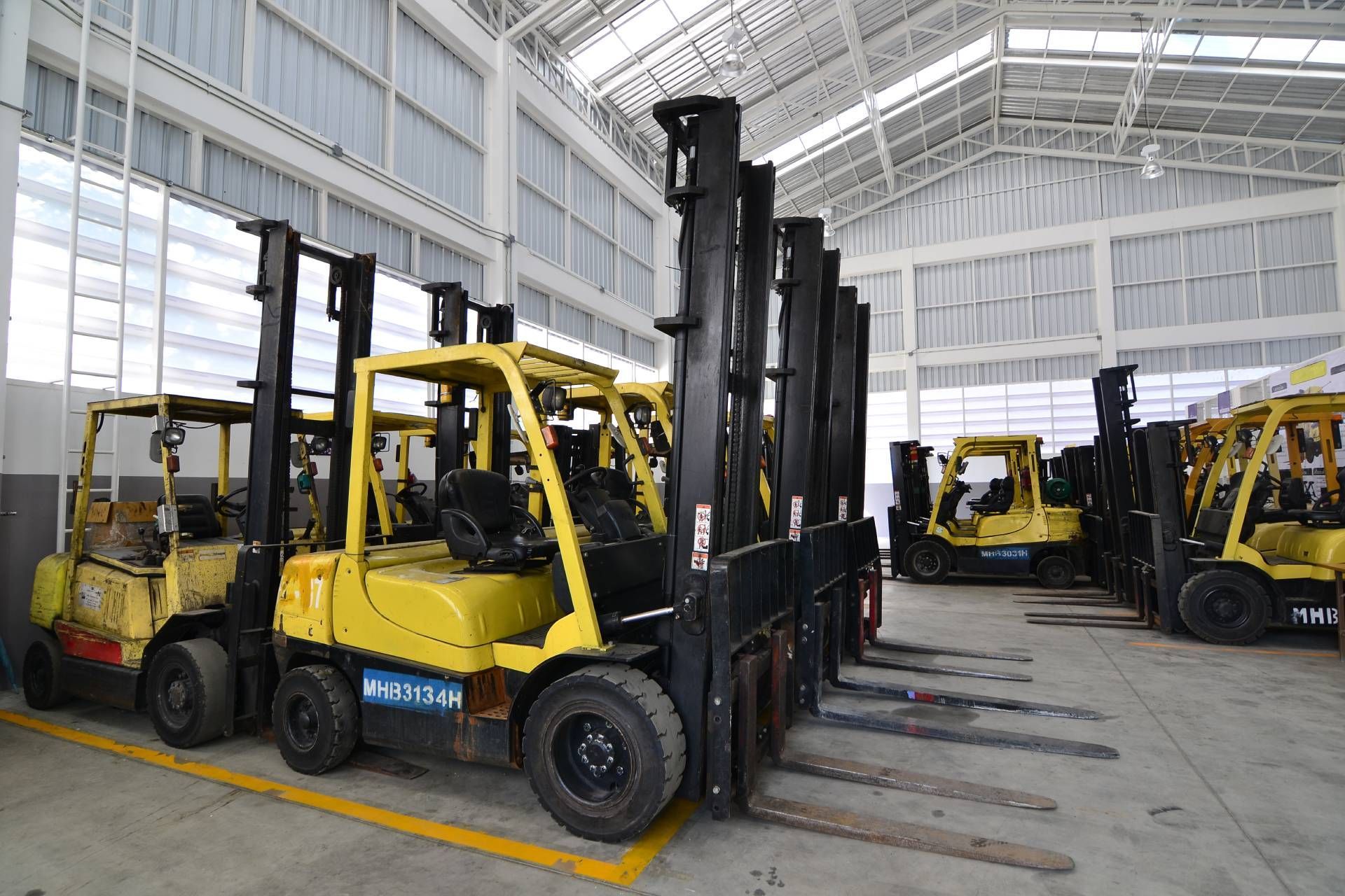 Yellow forklifts parked inside a warehouse with a white ceiling and large windows.