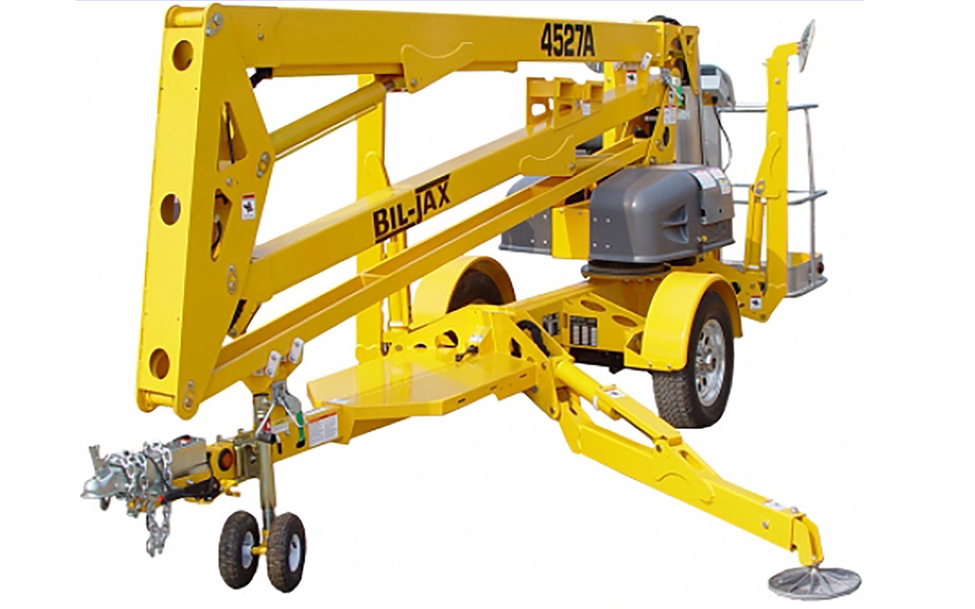 Yellow articulating boom lift, mounted on a trailer, for elevated work.
