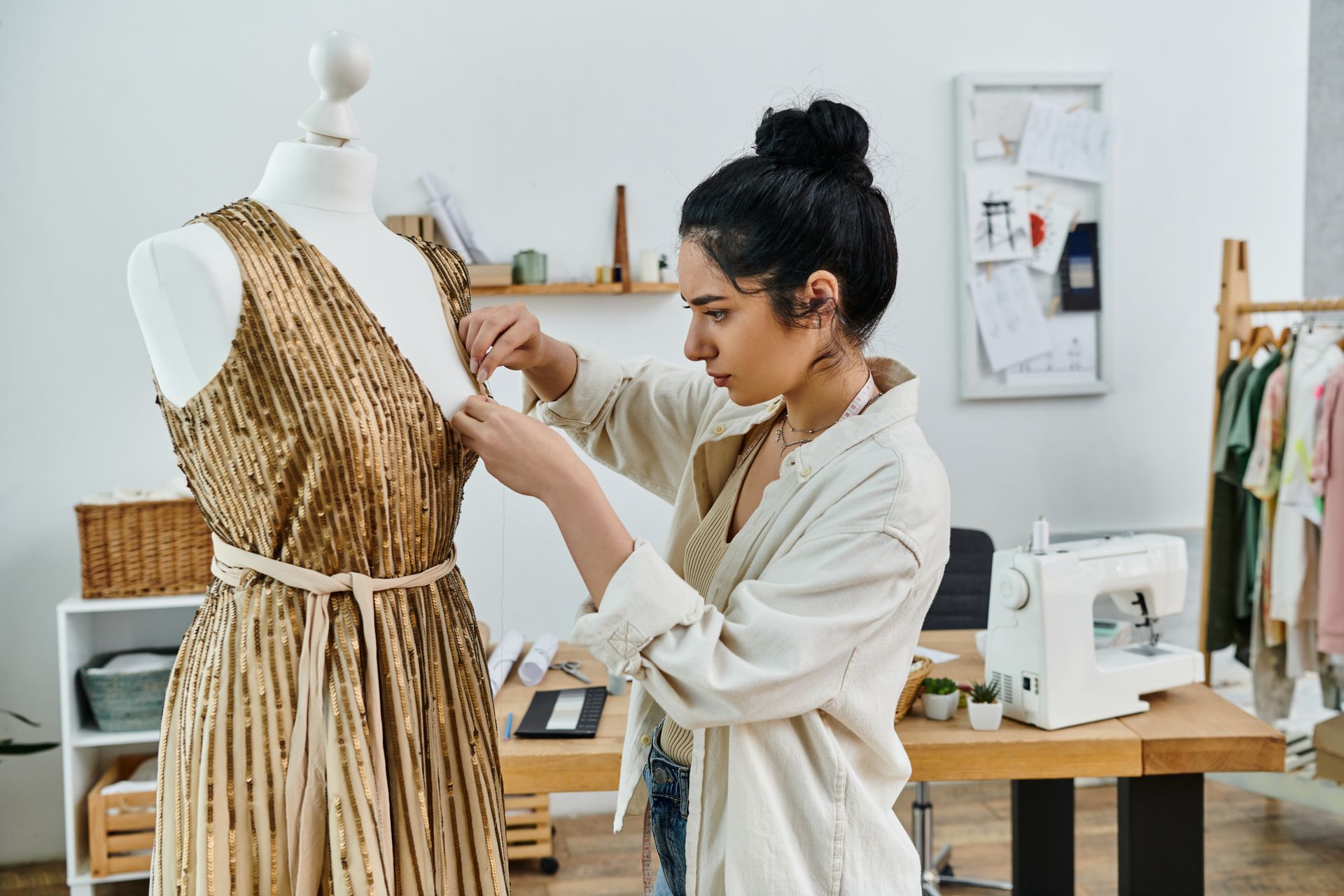 A person adjusts fabric on a mannequin. They're in a studio with a sewing machine and clothes rack.