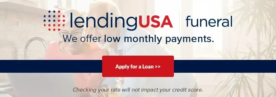 LendingUSA funeral loan banner with “We offer low monthly payments” and red “Apply for a loan” button