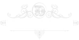 Faint ornamental white crest with floral scrollwork and a circular monogram centered on a white background