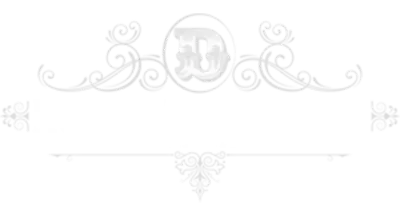 Faint ornamental white crest with floral scrollwork and a circular monogram centered on a white background