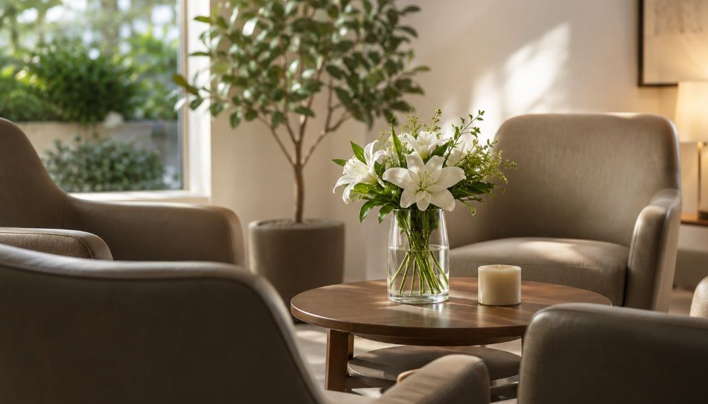 soft natural light, fresh white flowers, and a peaceful setting for discussing Philadelphia, PA cremations