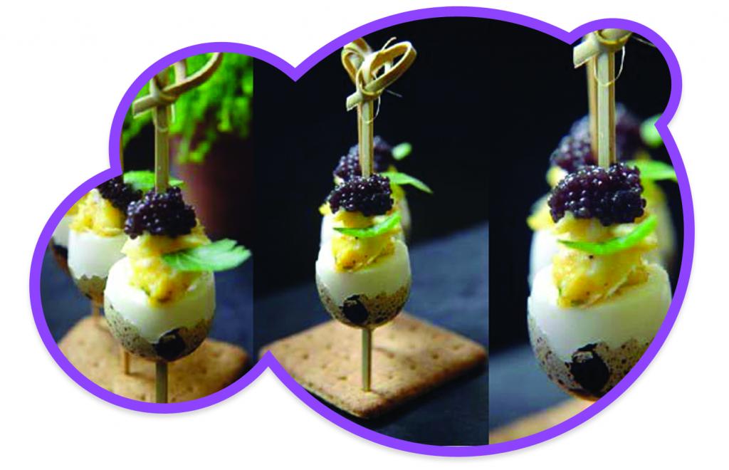 vajilla miniatura catering, eventos: poncho huevos de codorniz al caviar negro